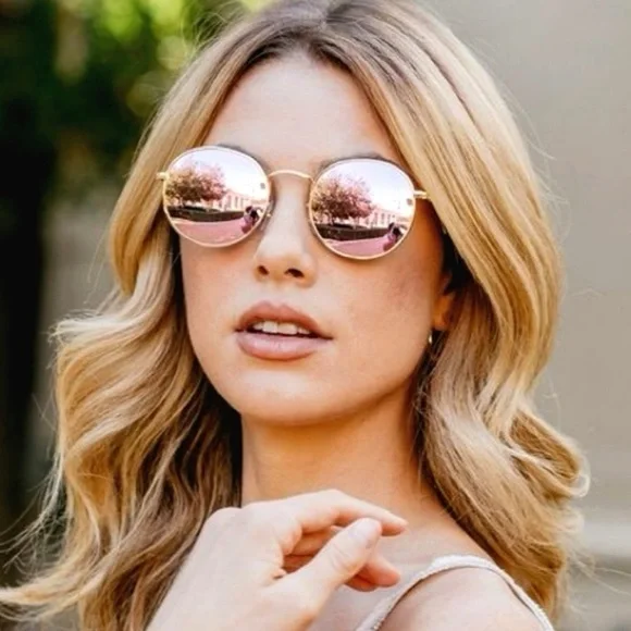 Round Lens Ray-Ban Sunglasses Pink Mirror Lens Matte Gold  display picture 1